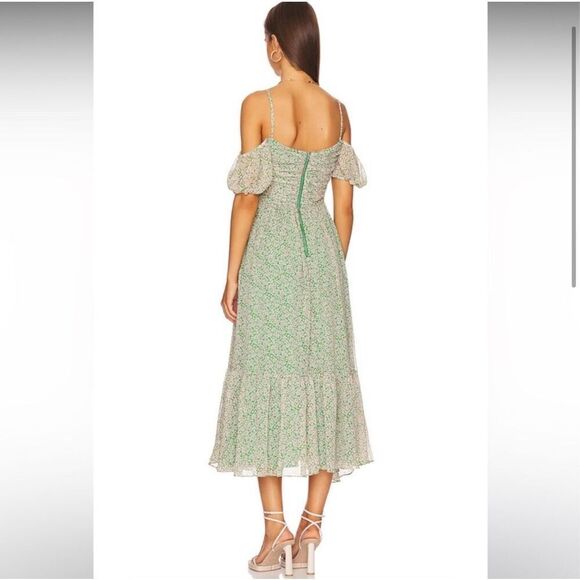 NWT Bardot Fauna Cold Shoulder Ruched Bodice Floral Midi Flare Dress Green Small - Picture 2 of 10